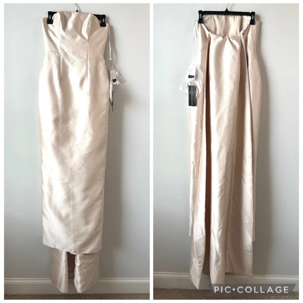 Alfred Sung D876 Strapless Gown Removable Watteau Train Champagne 0 - Picture 2 of 8